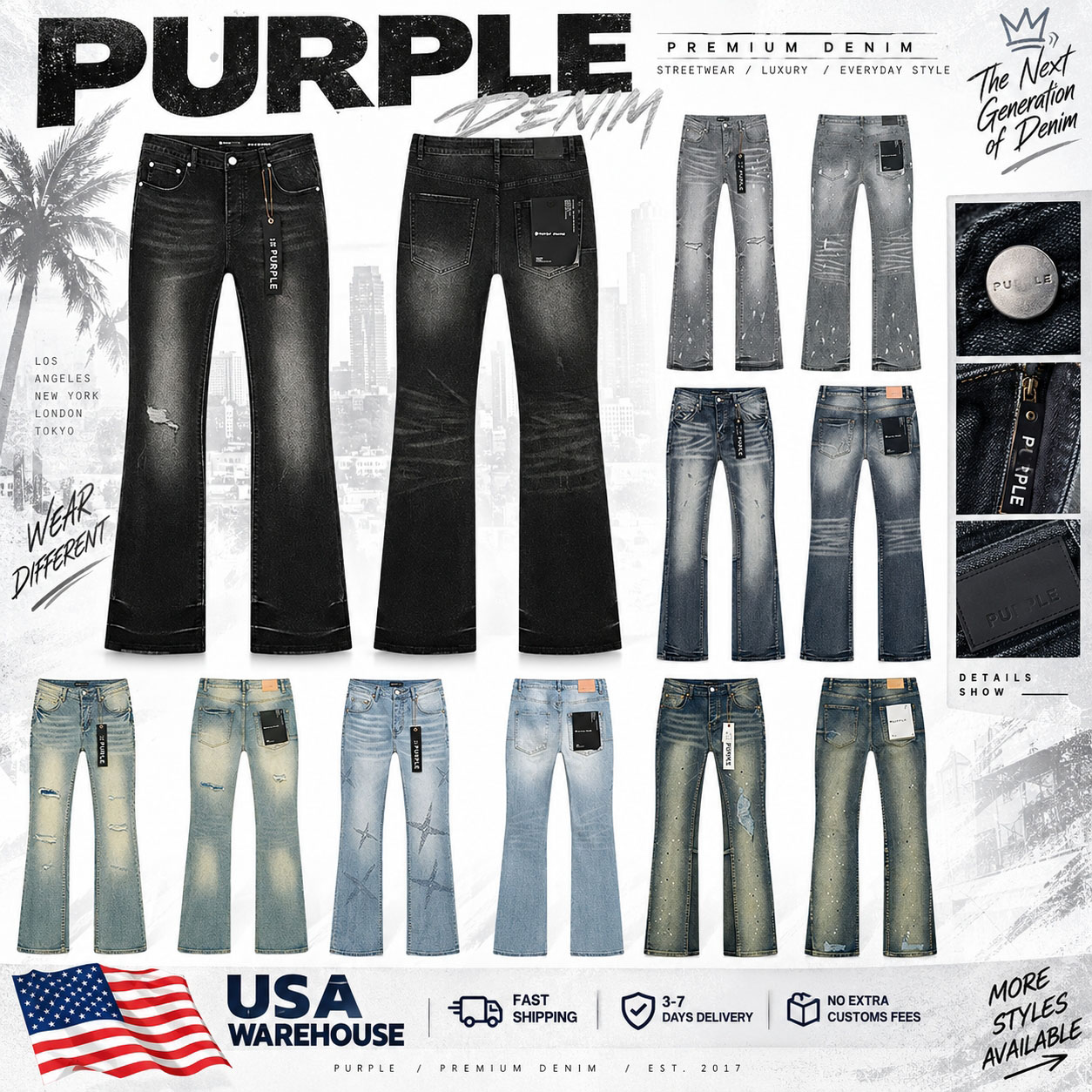 purple jeans Designer Distressed Flared Jeans Men Women Fashion Ripped Baggy Denim Pants Hip Hop Loose Wide Leg Trousers High Quality Streetwear Cas
