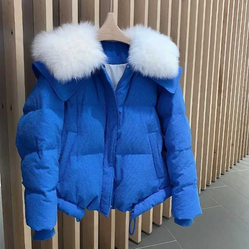 Klein blue imitation fur navy collar Cotton Jacket Women's 2025 Winter New Thick Design sense Short Coat Ladies Warm Pike H260917