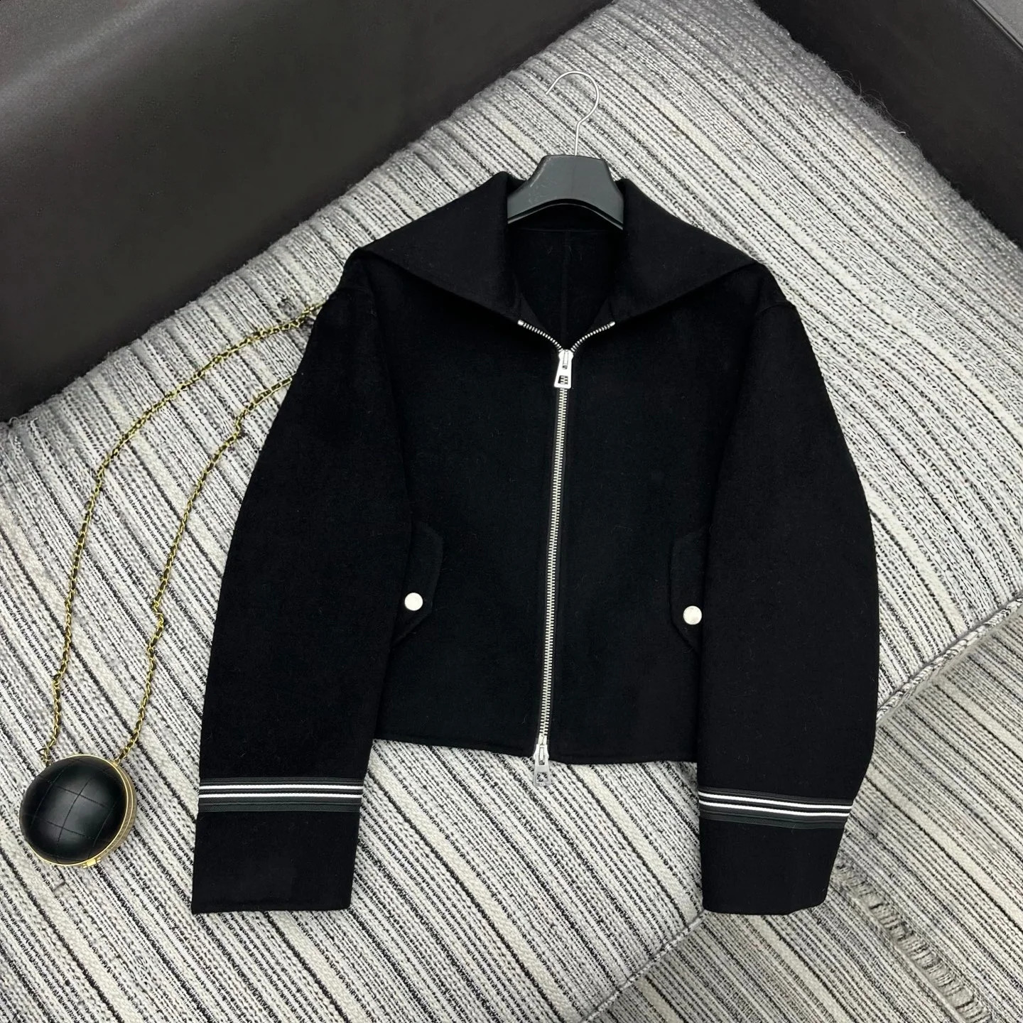 2026 High Quality Big Navy Collar Zip Stripe Trim Crop Doublesided Wool Jacket womans tops TC2672231 260918
