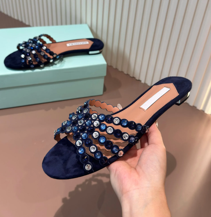 Shoes Women's Crystal Slippers Low Heels Genuine Leather Summer Slides Leisure Luxury Designer Shoes Zapatos De Mujer Size35-43