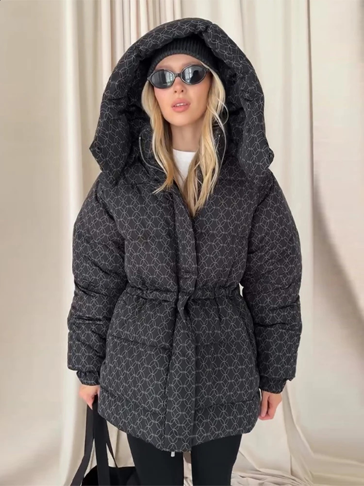 Printed Padded Coats For Women Hooded Jackets Trendy Casual Outerwear Winter Warmed Tops WaistCinching Woman Fashion Clothes 260918