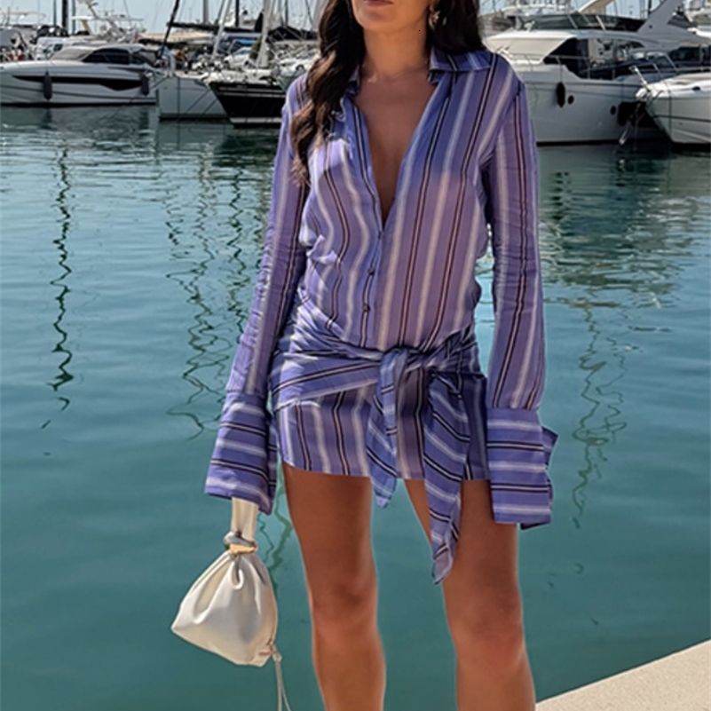 Stripe Wrap Tie Shirt Mini Dress Lapel Collar Long Flare Sleeve Loose Casual Dresses 2026 Summer Beach Vacation Fashion Outfit 260826