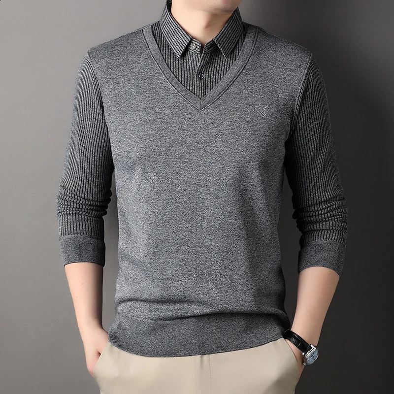 Autumn Mens Polo Collar Shirts Fashion Knitting Pullovers Striped Thick Slim Fit Korean Top Clothes 260918