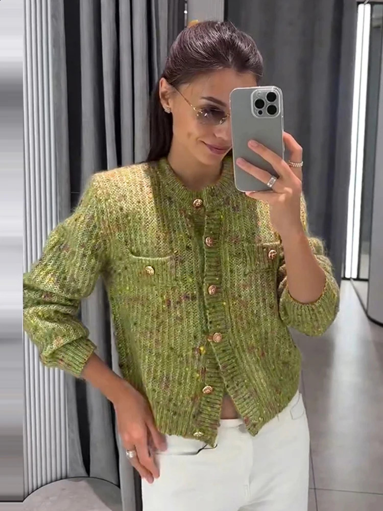 Women's Marled Knit Cardigan Crew Neck Single Breasted Long Sleeve Pocket Cropped Sweater 2026 Autumn Fashion Casual Sweaters 260918