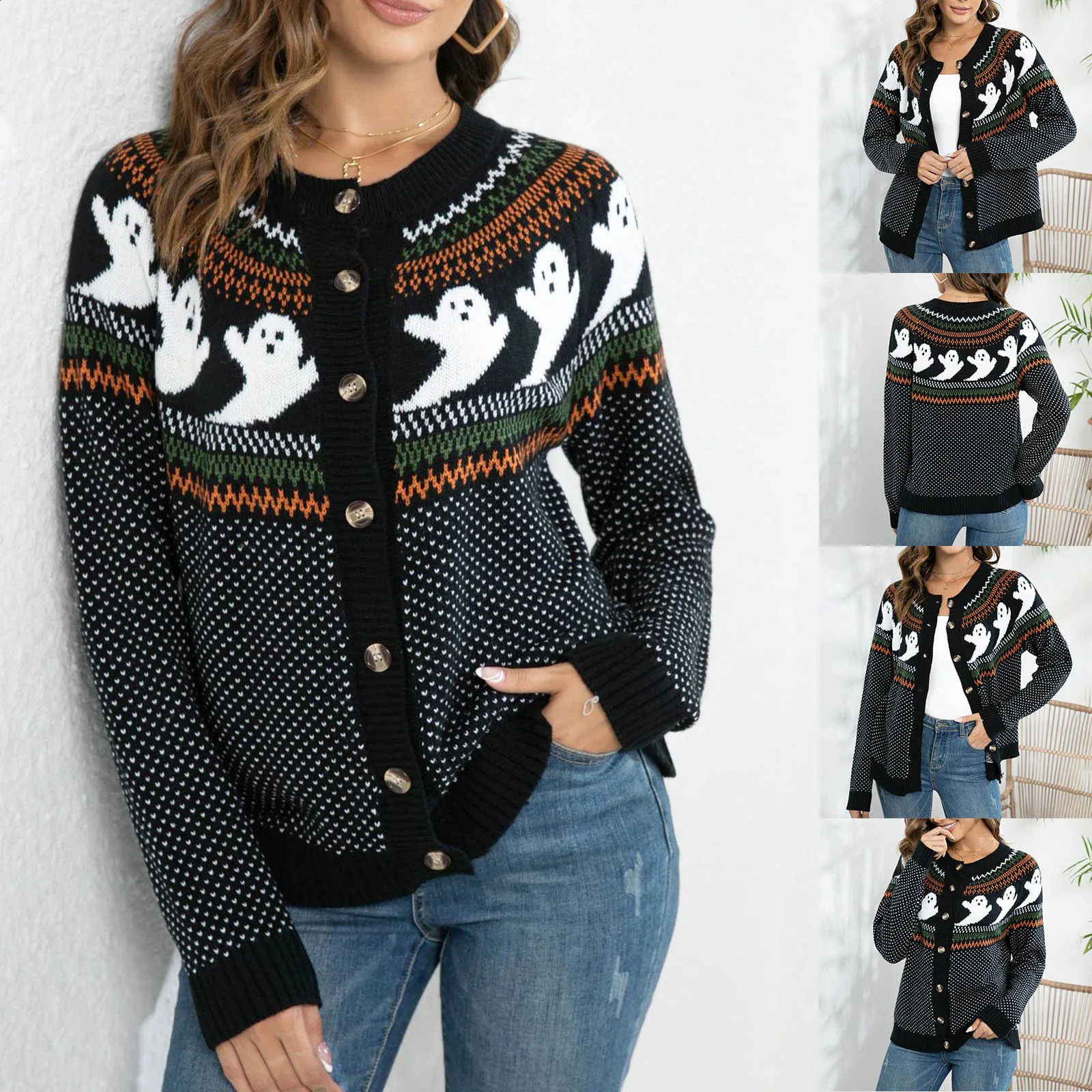 Women Knit Cardigan Halloween Ghost Polka Dot Pattern Long Sleeve Sweater Outwear For Theme Party Carnival Festival Cardigans 260918