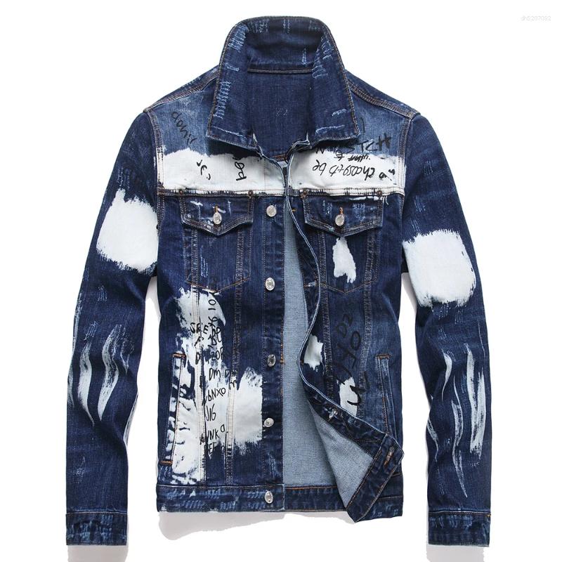 Men Graffiti Denim Jacket Casual Letters Printed Stretch Blue Jean Coat Slim Fit Lapel Collar Long Sleeve Outerwear