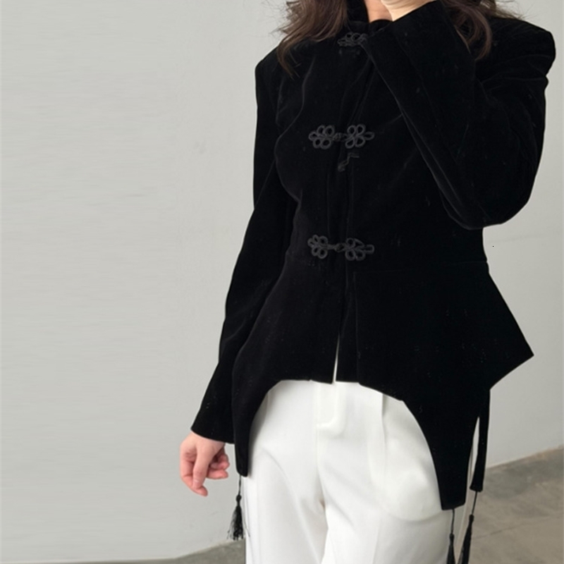 Black Velvet Tassel Jacket Knot Button Asymmetric Hem Long Sleeve Slim Fit Elegant Daily Commute Streetwear Fashion Outerwear 260917