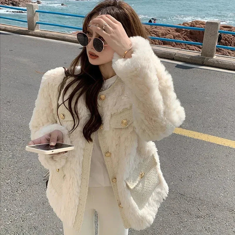 Lucyever Korean Fashion Lamb Wool Coats Women Streetwear O-Neck Faux Fur Jackets Woman 2025 Autumn Winter Thick Warm Plush Coat 260917
