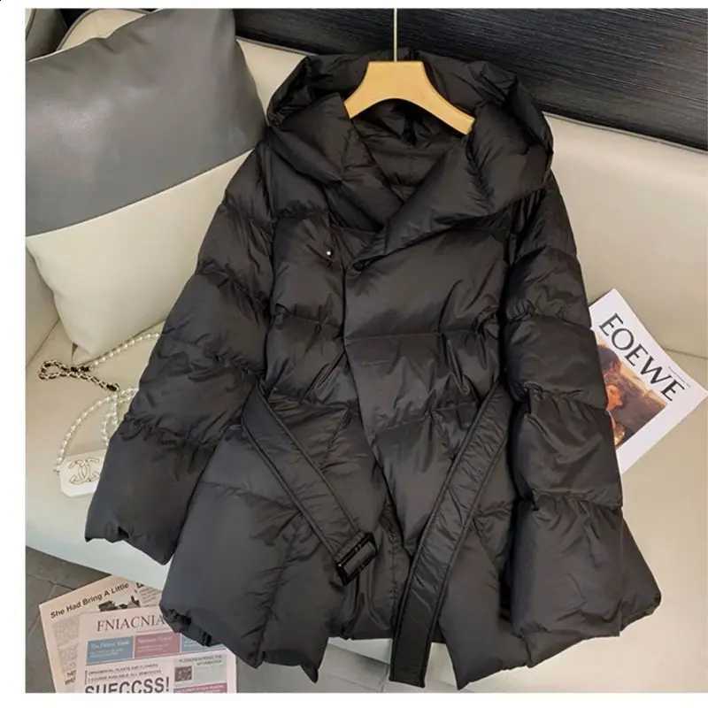 2025 New Design Sense of Mid-length Solid Color All-in-one Waist Slimming Cotton-padded Jacket Brown Hooded Bread Dress Winter H260917