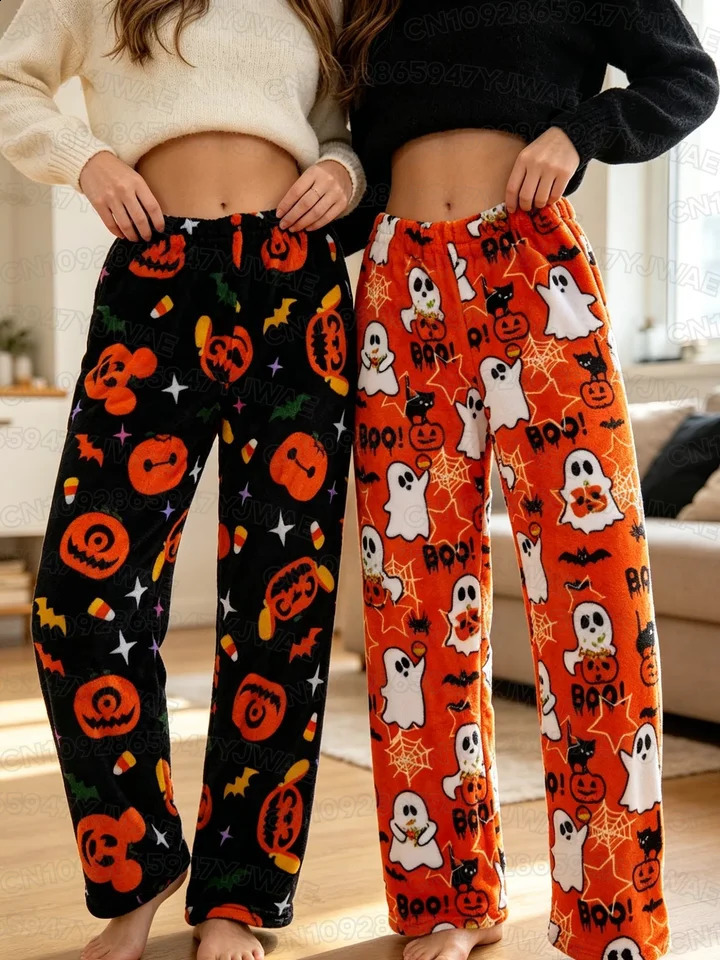 Autumn and Winter Womens Mens Flannel Halloween Christmas Pajama Pants Pumpkin Warm Fleece Print Pajama Pants 260918