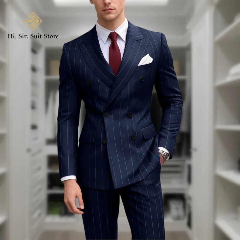 Mens 2Piece Suit Plus Size Blazer European American Fashion Striped DoubleBreasted CustomMade Small Batch Blue Jacket 260918