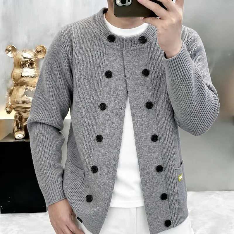 Korean Knitted Cardigan Men's Double Breasted Long Sleeved Casual Business Knit Sweater Harajuku Social Street Wear Sweatercoat S260918BXW5