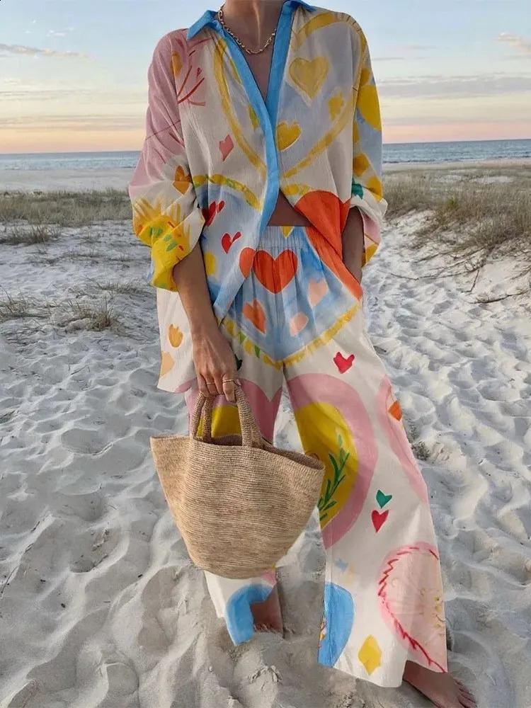 Fashion Shirt Lapel Long Sleeve Top Wideleg Pants 2piece Set For Women High Street Summer Marine Elements Print Suit Female 260918