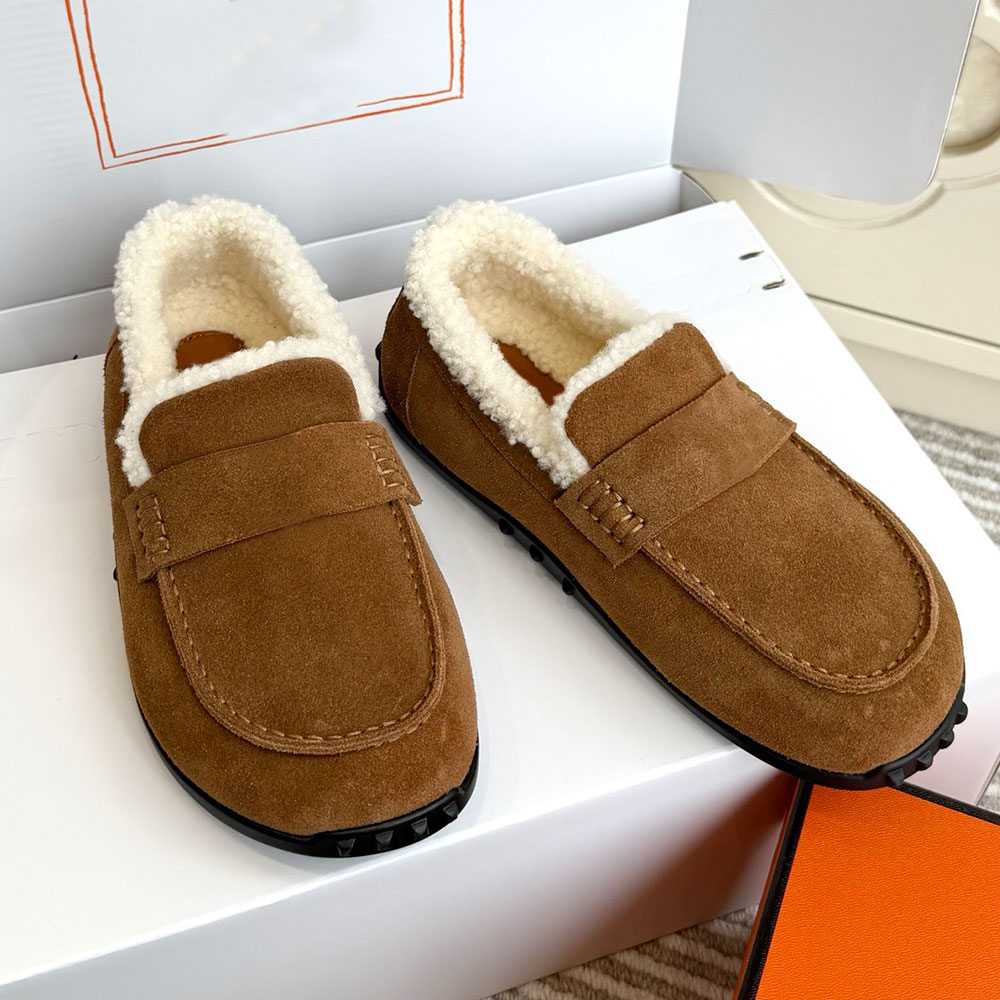 Lazy Loafer Womens Luxury Designer Flat Loafers H261257Z Mens Suede Goatskin And Shearling Loafer With Cut Out Detail Autumn Winter Loafer Shearling