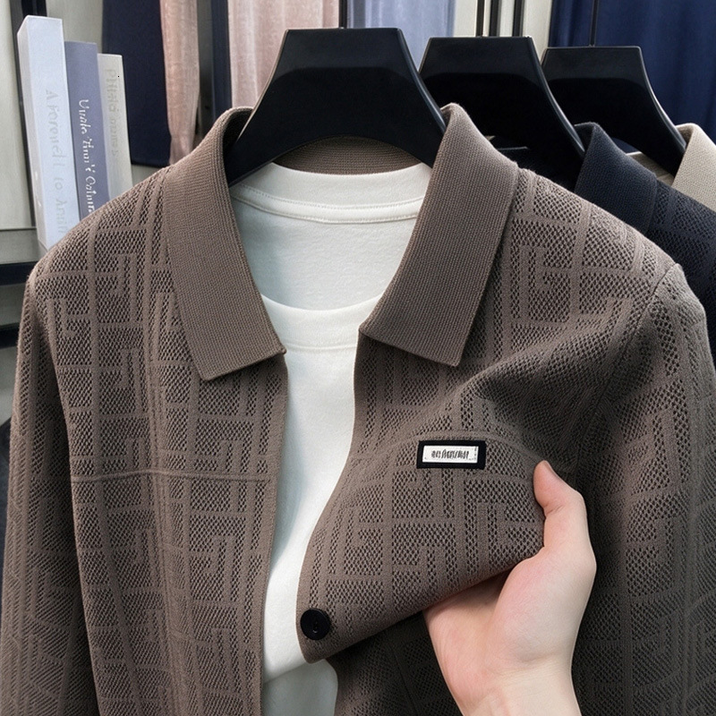 Vintage Brand Designer Luxury Men's Autumn Cardigan With A Lapel Collar, Knitted Pattern, Solid Color, Casual, Trendy, Versatile Outerwear Clot