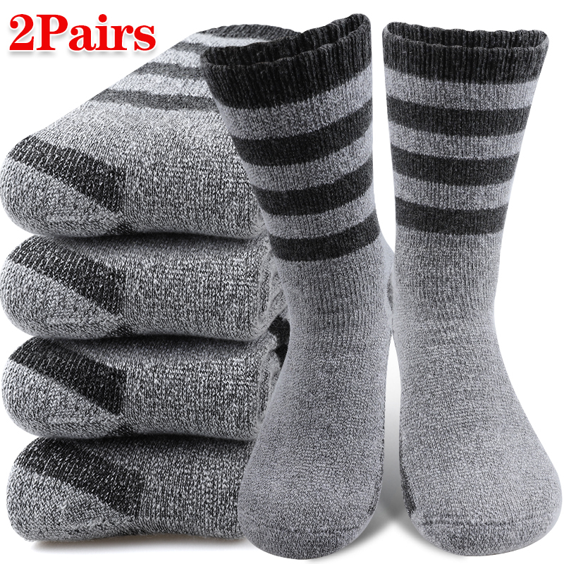 2 Pairs High Quality Cashmere Socks Men's Striped Ultra-Thick Terry Thermal Crew Winter Fluffy Mid Tube Sock Women J260918