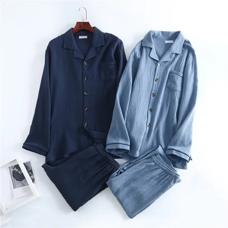Spring Products Men's Water Texture Crepe Gauze Suit Collar Pajamas Solid Color Button Home Set Qualities Mens Lounge Wear 260917