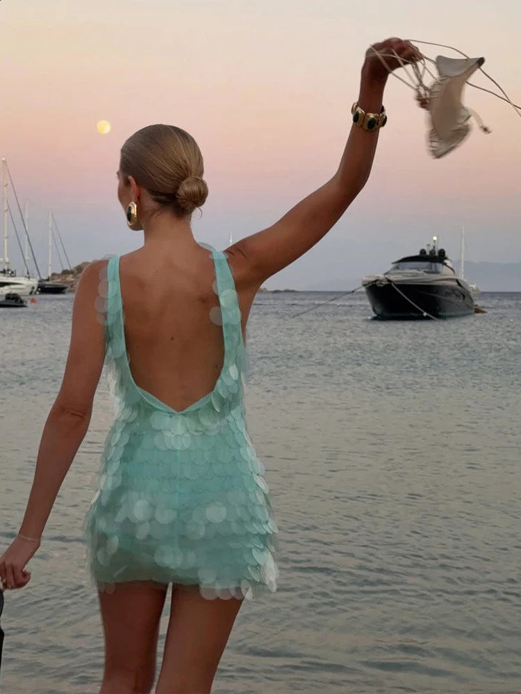 Fashion Big Sequin Sleeveless Mini Dress Round Neck Open Back Sheer Mesh Elegant Gown Womens Wedding Guest Party Robes 2026 260918