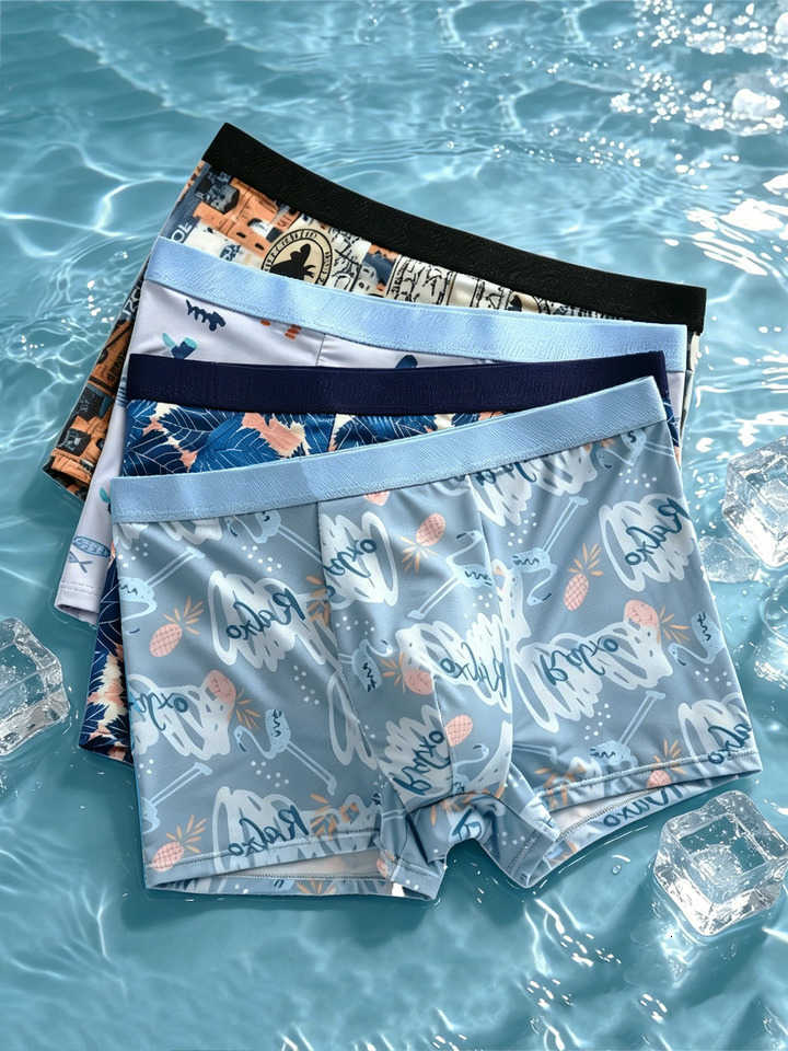 Ice Underpants 4 Pcs Men's Silk Boxer Briefs Summer Printed Casual Underwear Multiple Sizes Available D260918