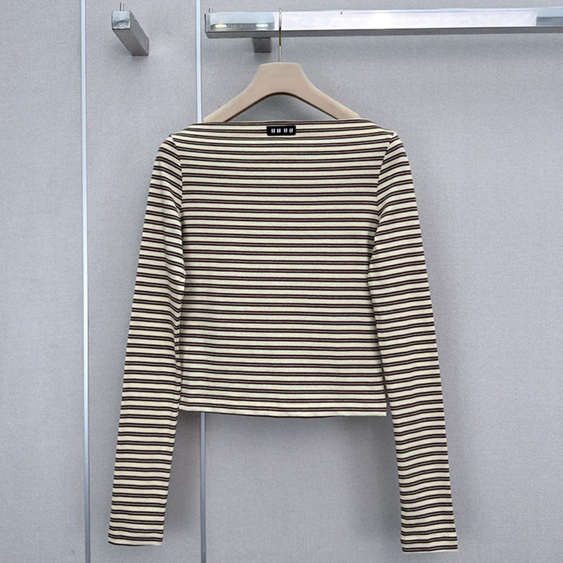 Sexy Women Slash Neck Top Vintage Striped Long Sleeve Cropped Letter Trim Slim Blouse Autumn Dating Party Chic Sweatshirt