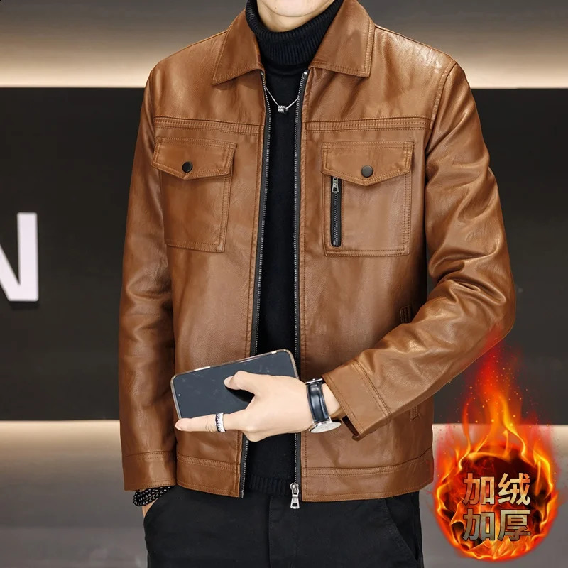 Winter Retro Fleece Warm PU Leather Jackets Men Motorcycle Bike Jacket Lapel Casual Business Social Leather Jacket Men Clothing 260917