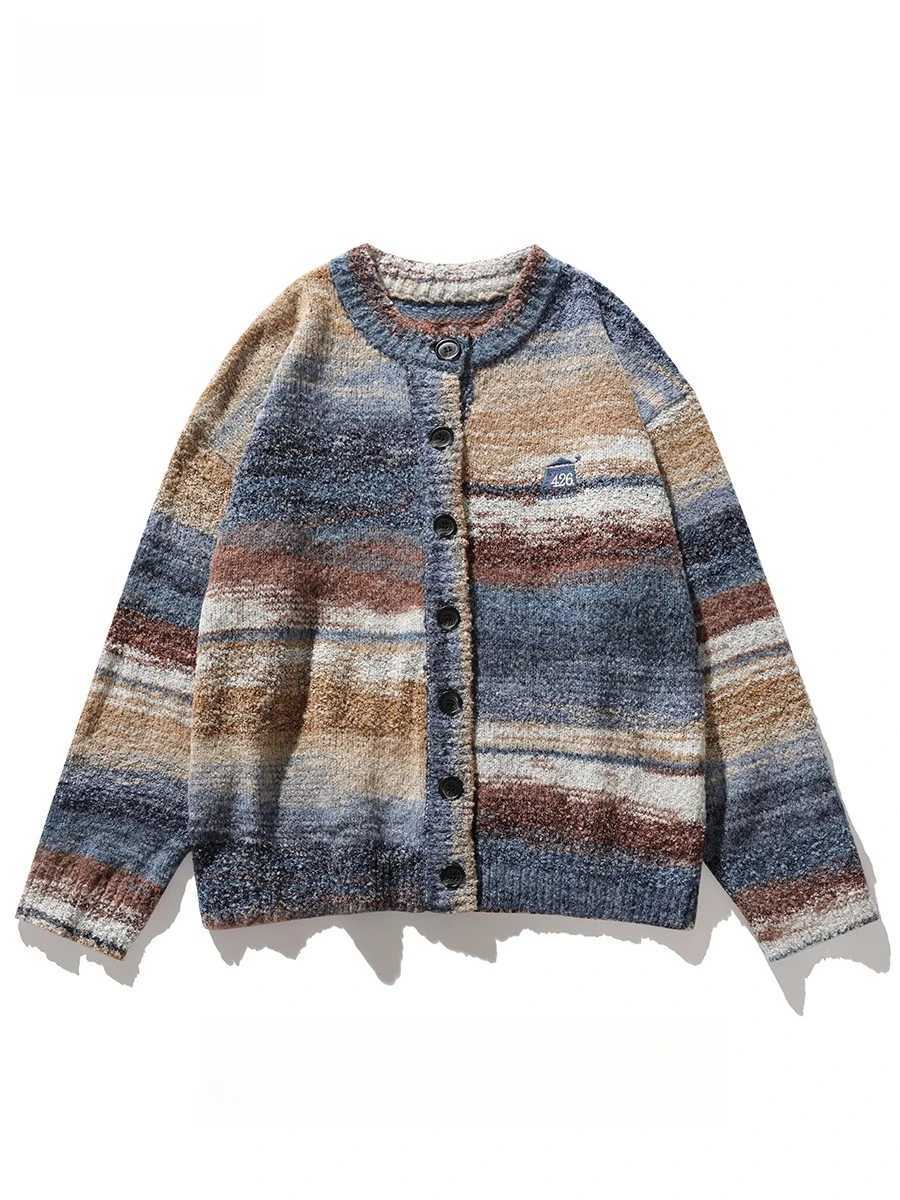 Korean Contrast Striped Cardigan Sweater Chinese Style Autumn Winter Retro Oil Painting Gradient Lazy Jacket Men Streetwear S2609189SIM