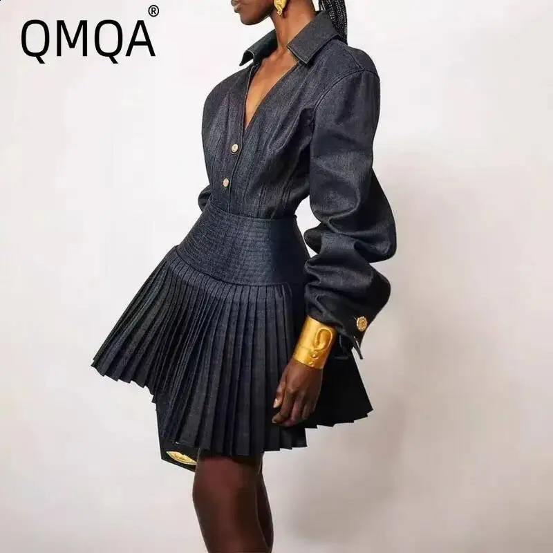 QMQA Fashion Women's Elegant Denim 2 Piece Set Denim Single-Breasted Top High Waist Pleated Skirt Street Style Sets QM873 260917