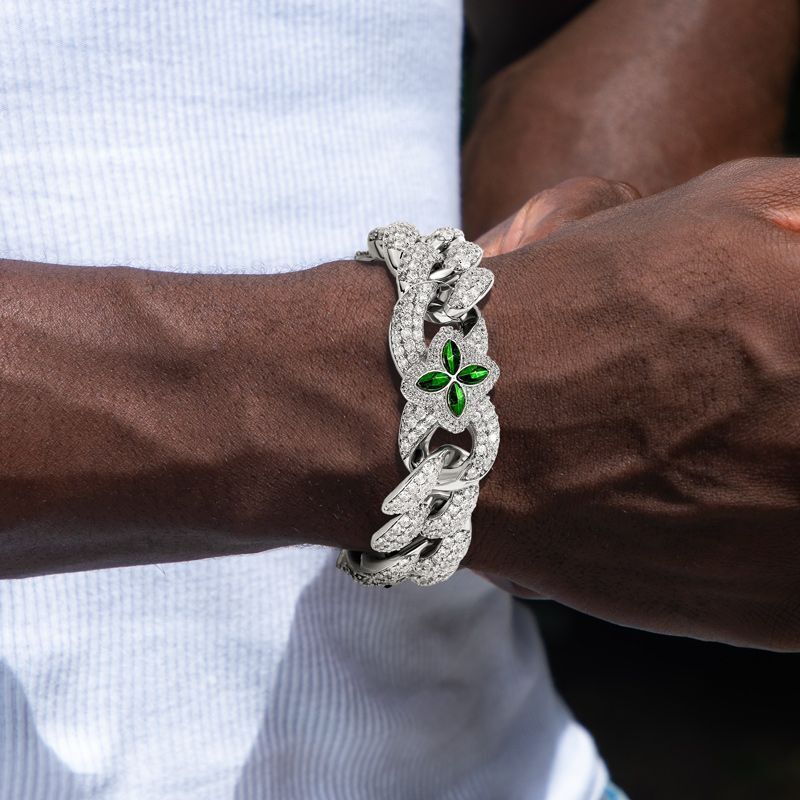 Hip-Hop Style 20Mm Four-Leaf Clover Green Gemstone, Fully Diamond-Studded Cuban Link Bracelet, Bubble Chain, Personalized Cubic Zirconia Men's