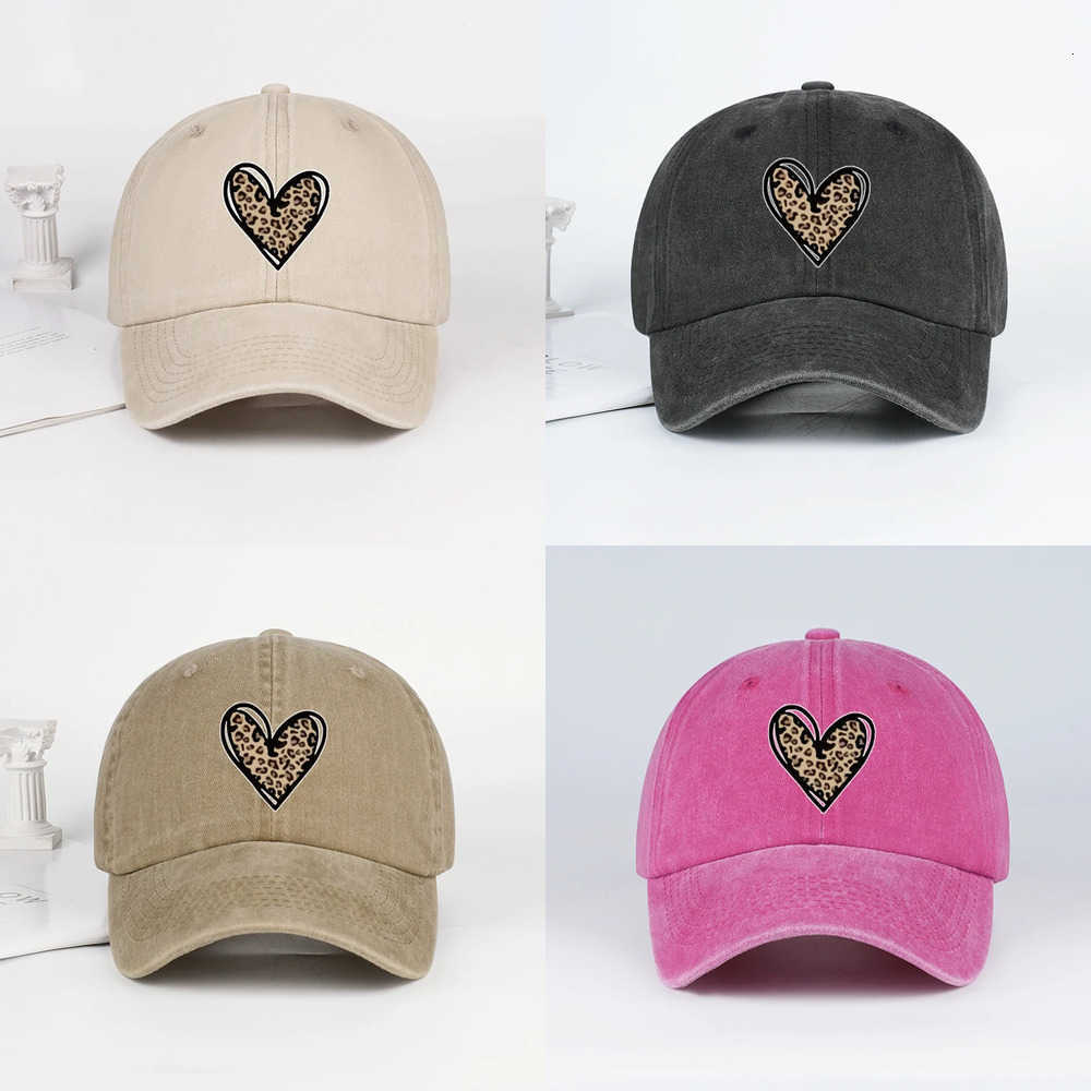 Print Leopard Heart Vintage Washed Baseball Cap Adjustable Curved Brim Dad Hat for Women Casual Y2K Streetwear J260917
