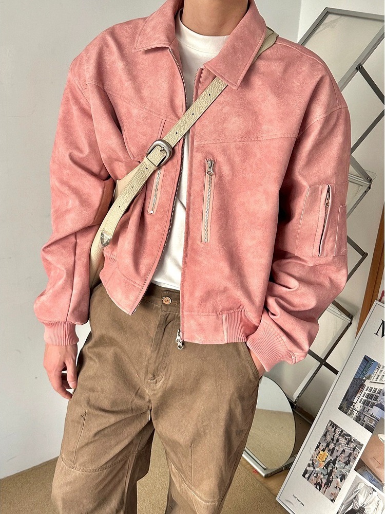 Retro Vintage Color Jacket Unisex Spring Autumn Zipper Decor PU Leather Coat Men s High end Top