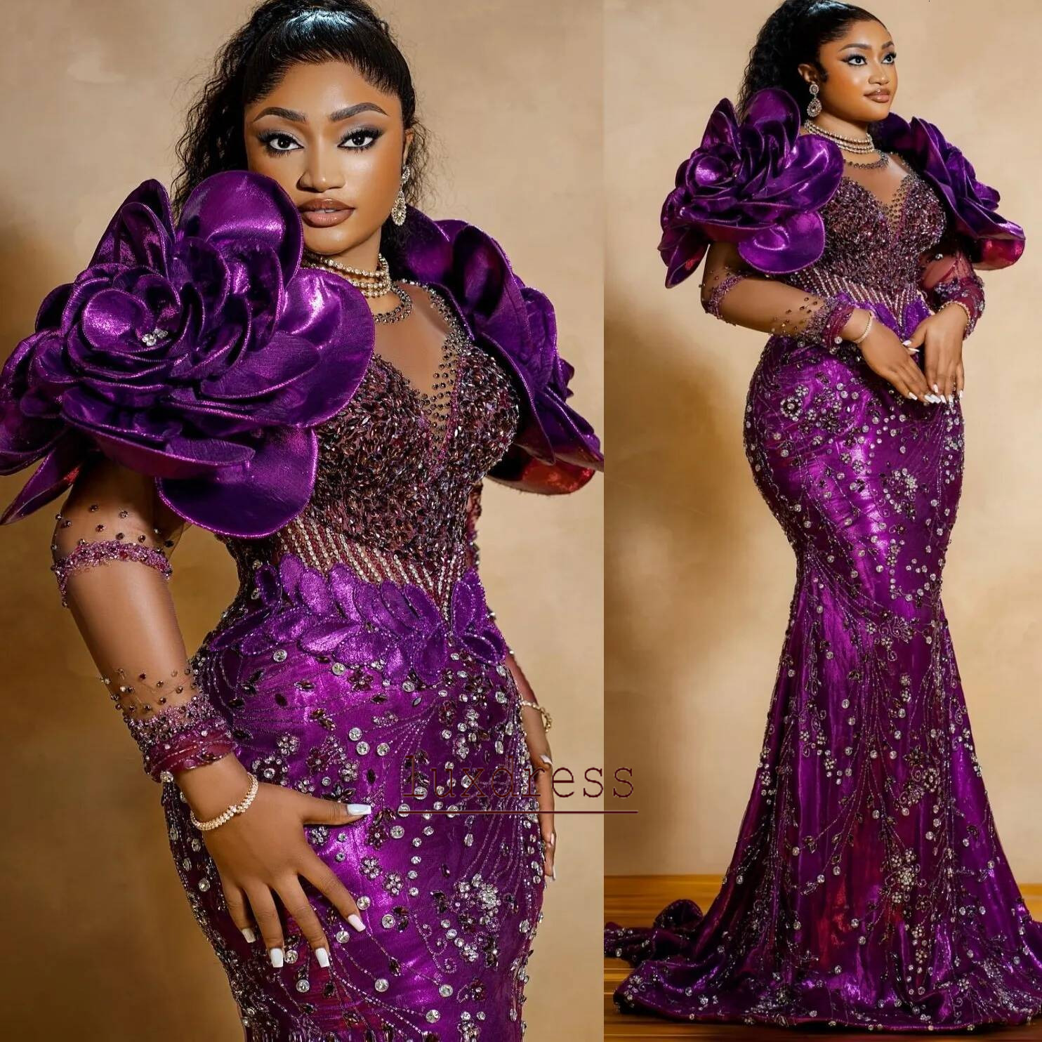 ASO EBI Purple Mermaid Prom Dresses Beaded Crystal Flower Lace Evening Gowns Women Formal Party Second Birthday Engagement Gowns Plus Size
