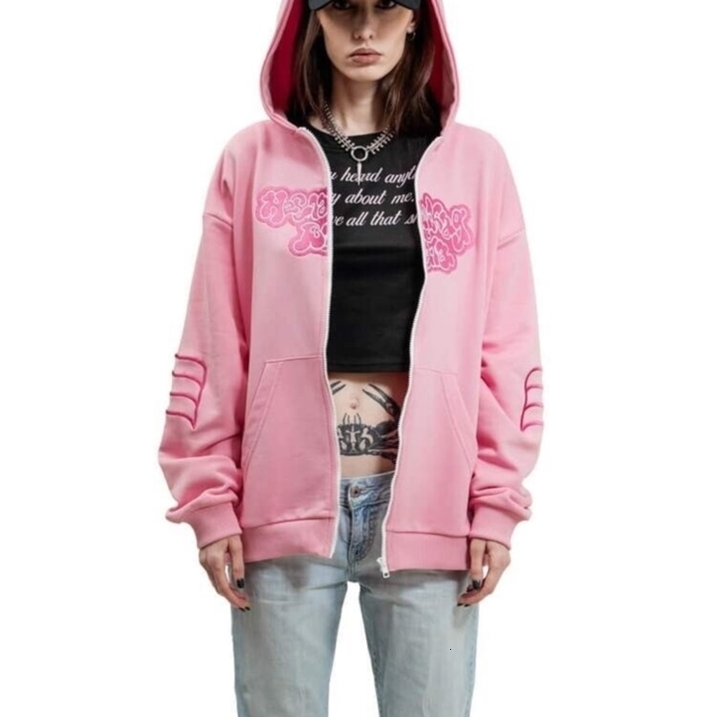 Y2K Retro zip up Hoodie Men Embroidery Pink Zipper Sweatshirt Cartoon Hiphop Streetwear Oversize Korean Graphic Jacket Goth 260917