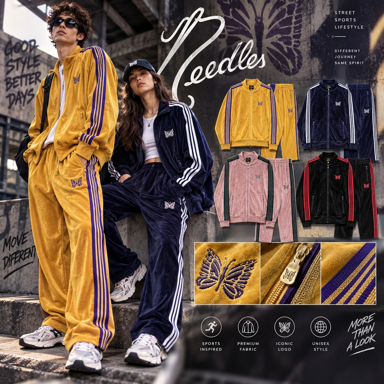Needles tracksuits designer butterfly jacket versatile retro side stripe zip up autumn winter velvet outerwear with wide leg pants street style trac