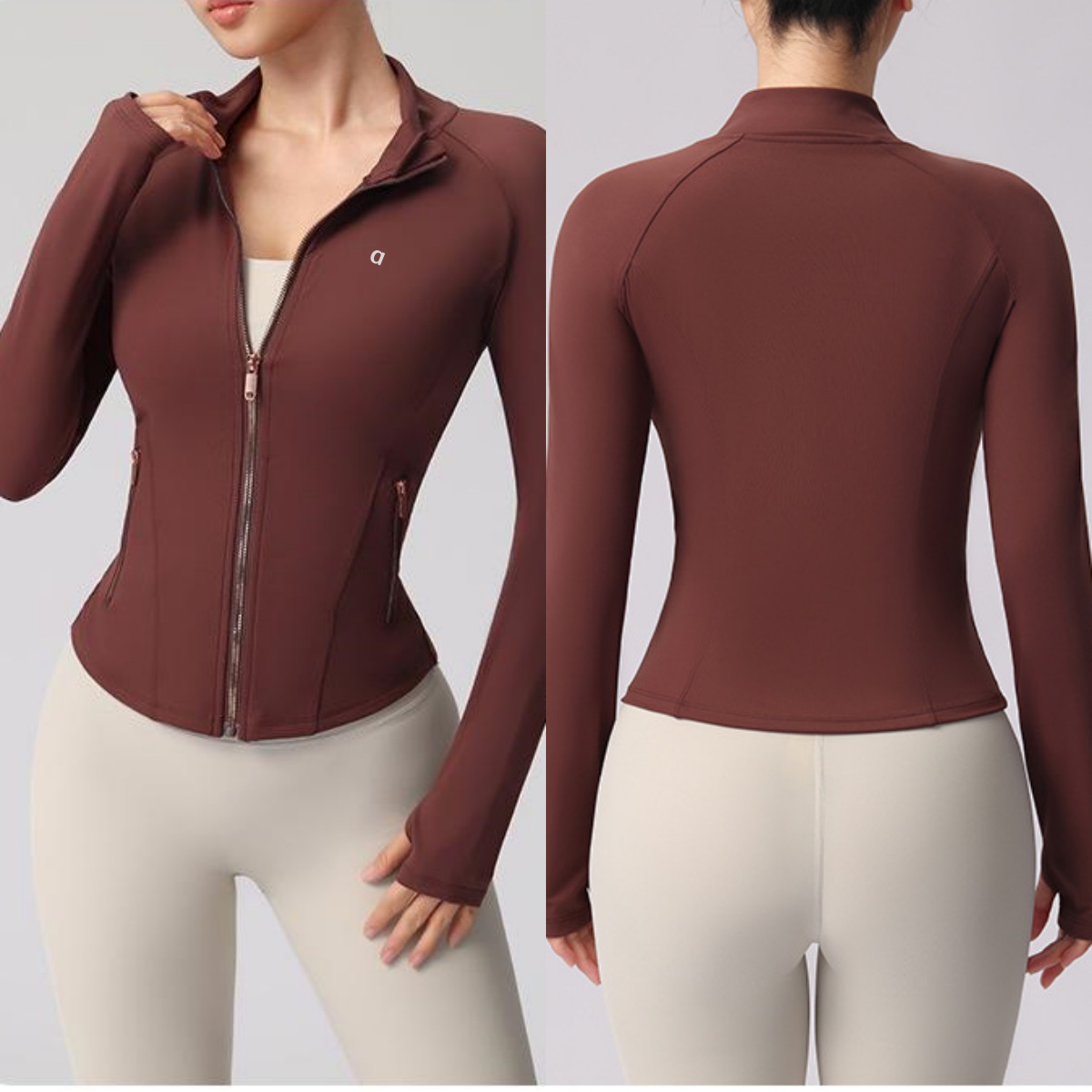 2951A Chemise de yoga à fermeture éclair en métal or rose pour vêtements d'entraînement pour femmes Haut de yoga à manches longues avec col monta