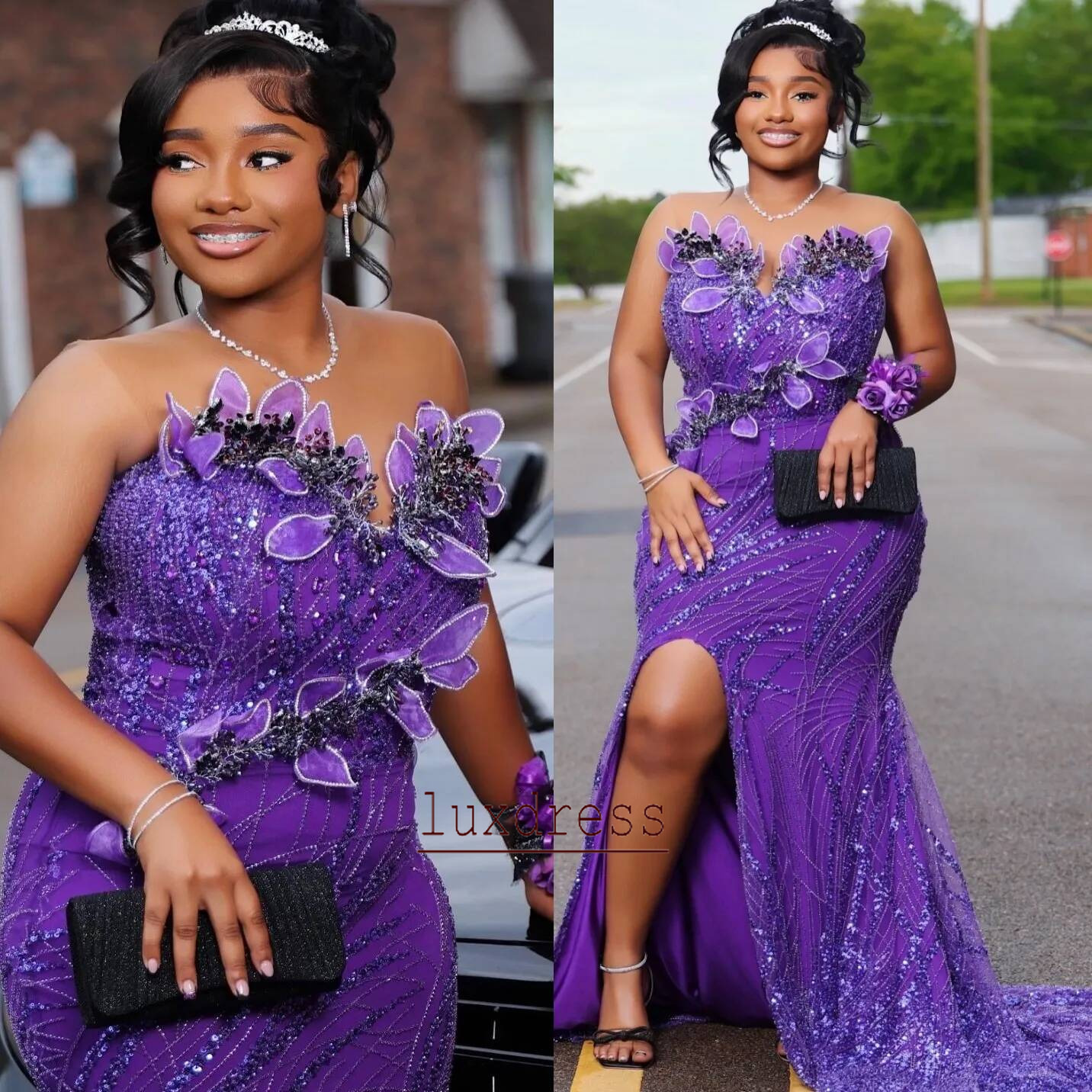 Aso Ebi Purple Mermaid Prom Dress Sheer Neck Petals Flower Beaded Evening Gowns For Black Women Birthday Party Formal Reception Dresses
