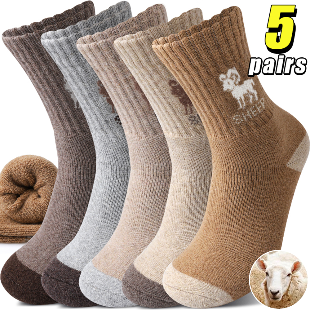 5 Pairs Sheep Pattern Wool Thick Men's Winter Thermal Mid Calf Comfortable Fashion Knit Socks Gifts J260918