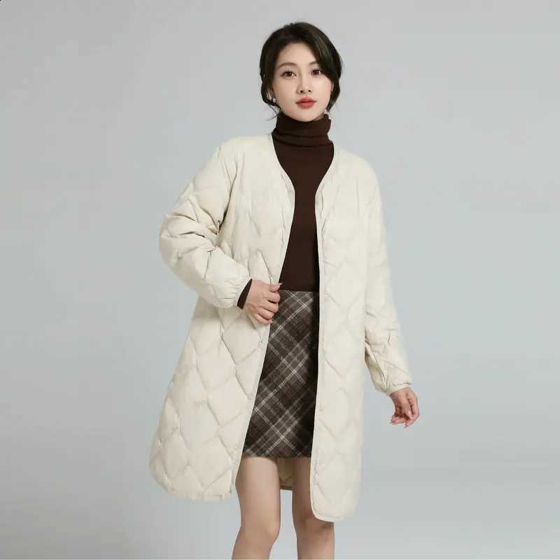 Winter V Neck Rhombic Lattice Oversize Down Jacket Women Light Thin White Duck Down Coat Lady Warm Long Puffer Parkas Outwears H260917