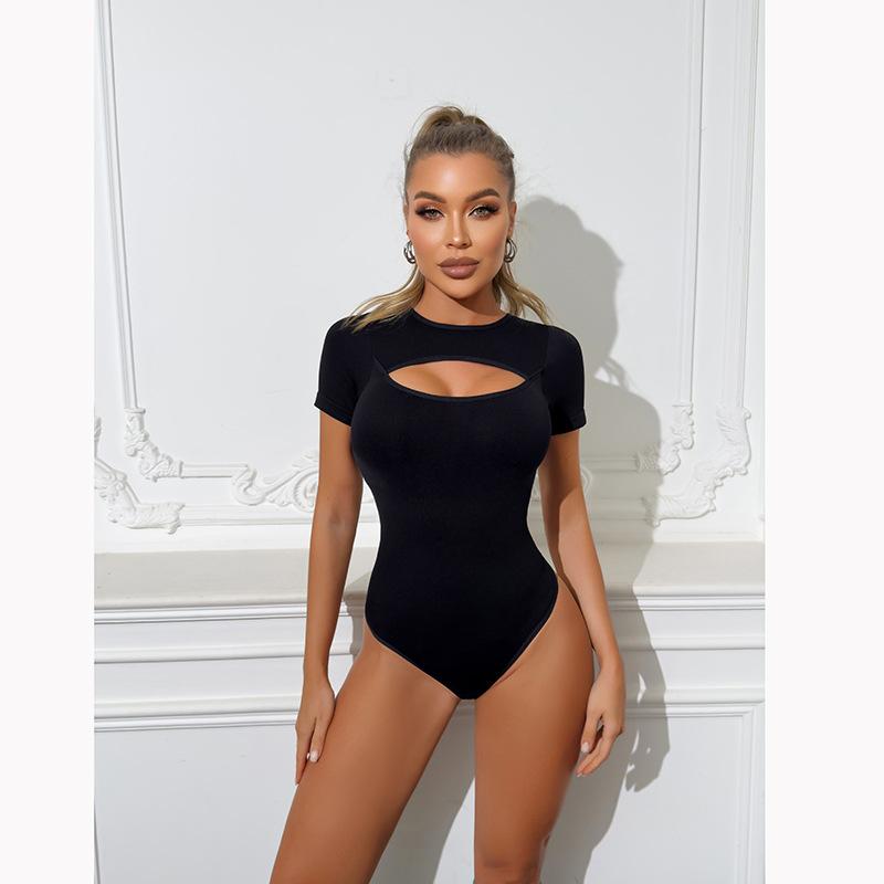 Designer Bestseller Sexy Tight Short Sleeve Bodysuit Women High Stretch Nylon Bodycon One Piece Top Streetwear Clubwear S-3XL Black Skin Brown