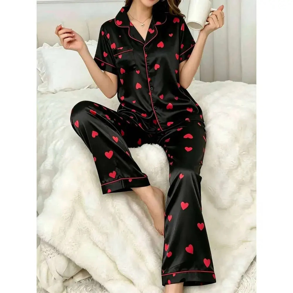 Women Pajamas Women's Satin Silk Pajama Set Black Red Heart loungewear Print Short Sleeve Long Pants Piece Loungewear Button Down Sleepwear Sle