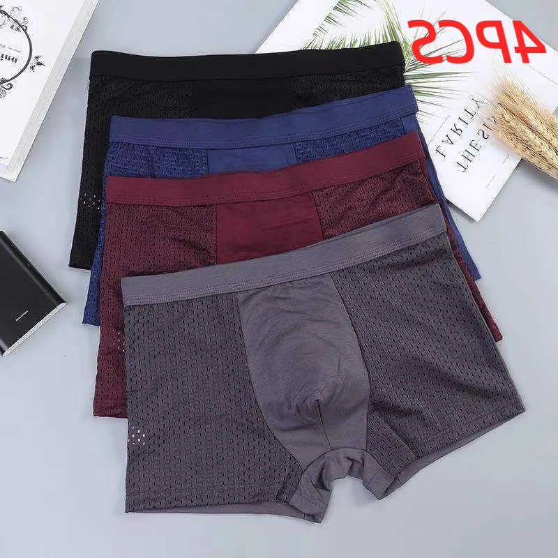 Solid Underpants 4Pcs Set Men's Color Underwear Semi Perforated Breathable Soft Comfortable Underwear Sexy Fashionable Men's Boxer Shorts