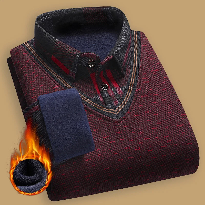 Autumn Winter Sweaters Men's Velvet Pullover Knitted Bottom Shirts Men's Polo Pullover Wine Red Fleeced Knitwear 260917
