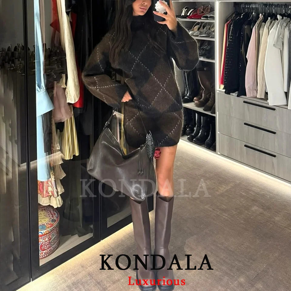 KONDALA Vintage Plaid Knit Loose Suits Turtleneck Long Sleeve Loose Sweaters Sheath Mini Skirts Fashion Autumn Winter Sets 260917