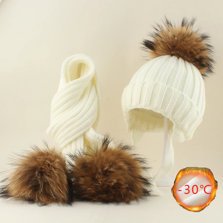1-6Y Kids Winter Scarf Hat Set Raccoon Fur Ball Hat Baby Boy Girl Knitted Stripe Beanies EarflapThick Warm Fleece Cap 260917