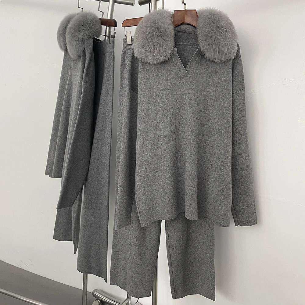 OFTBUY Knitted Pant Set Female Fashion Warm Fox Fur Sweater Lady Autumn Winter Plus Size Woman Clothes Outfits Knitwear 260917