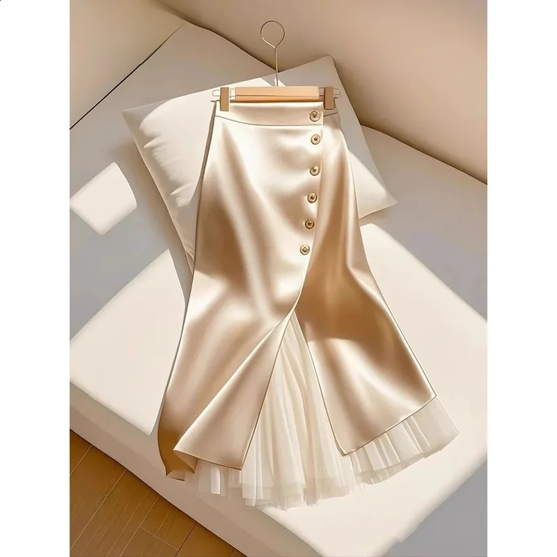 Elegant Satin Long Skirts for Women Fashion Spliced Mesh Single Breasted Slit Maxi Skirt 2025 Commuting Lady Skirt 260917