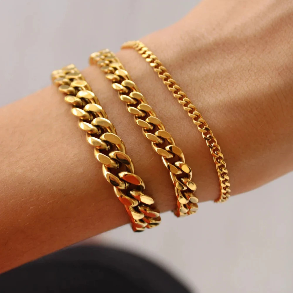 Stainless Steel Chain Bracelet Women 3mm to 9mm Curb Cuban Chain Bangle Gold Color Unisex Wrist Stackable Jewelry 260917