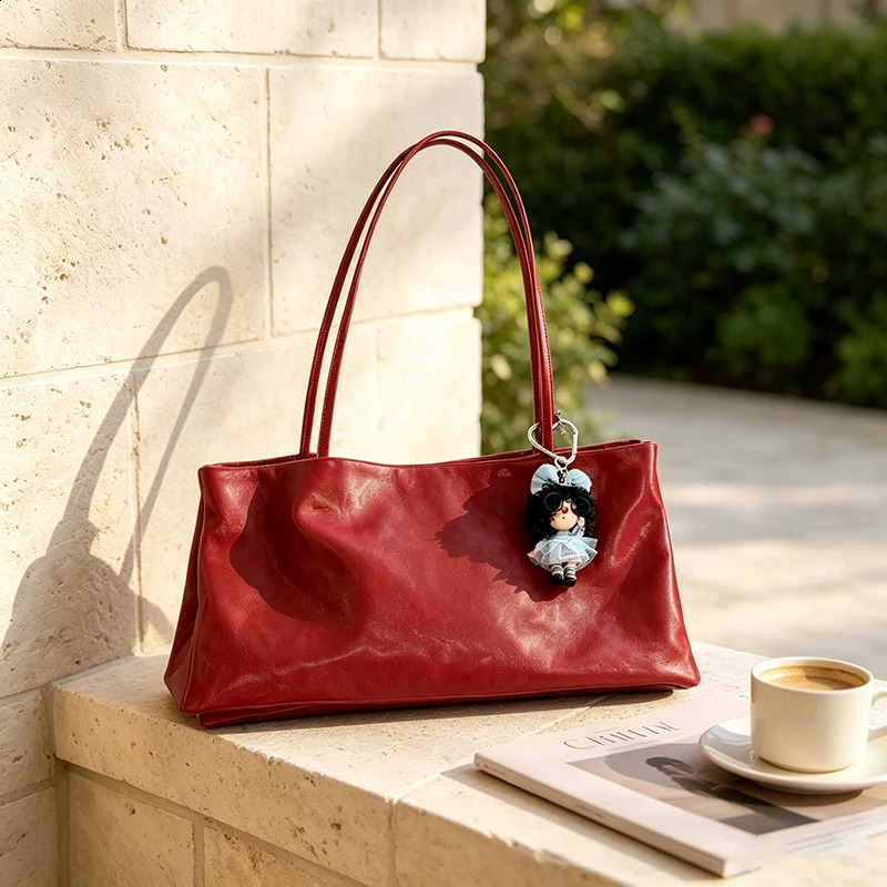 Vintage Red Faux Leather Tote Bag Large Capacity Women Shoulder Bag Simple Solid Color Casual Daily Commute Shopping Handbag 260917