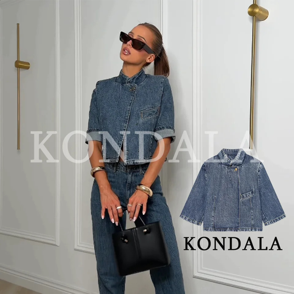 KONDALA Women Vintage Denim Blazer Jacket Street Style Chic StandCollar Blazer 2026 Summer Early Fall Trendy Half Sleeve Blazer 260918
