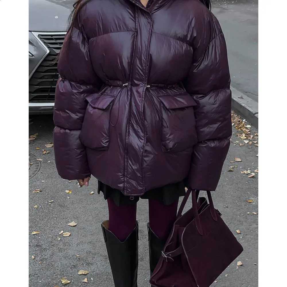 Women Burgundy Wine Red Hooded Puffer Coat Autumn Winter Warm Casual Cotton Padded Jacket Loose Fit Ladies Street Outerwear H260917