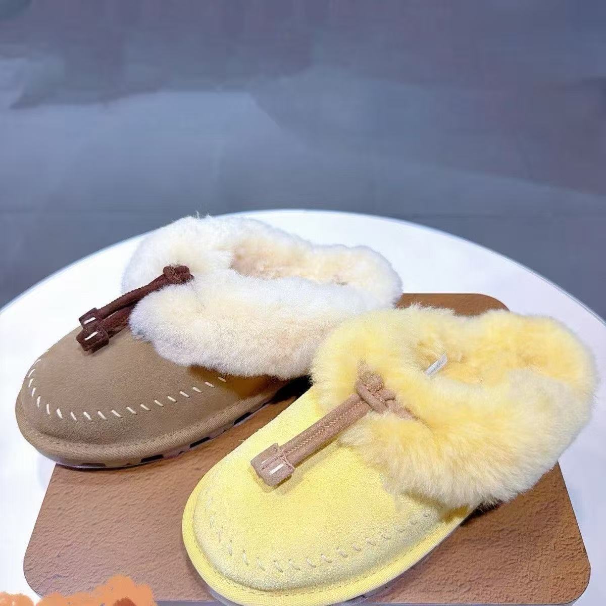 New fashion Women Coquette Stitch Slippers Scuffs Fuzzy Plush Fur Bow Slip On Winter Mule House Slippers snow boots